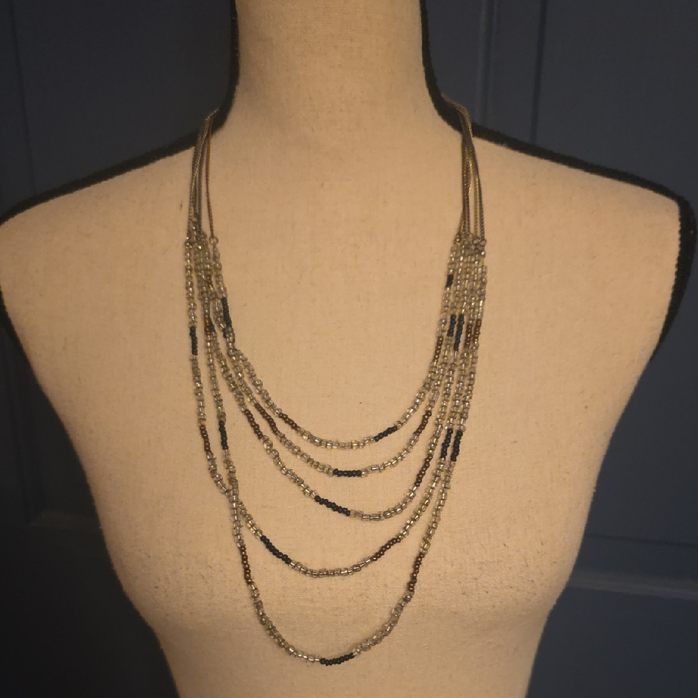 Vintage Multi-Layered Black Silver Bronze And Clear Beaded Strand Necklace